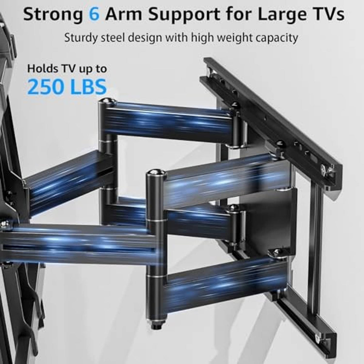 Heavy-duty TV wall mount with six support arms and steel rails