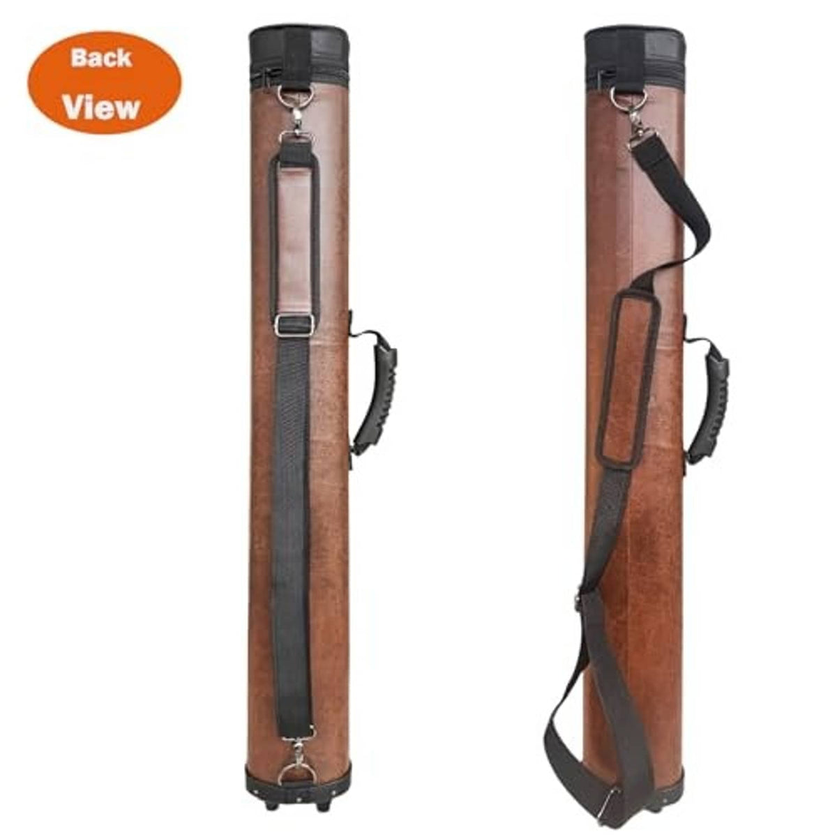 Brown pool cue case back view with shoulder strap and hanging handle loops