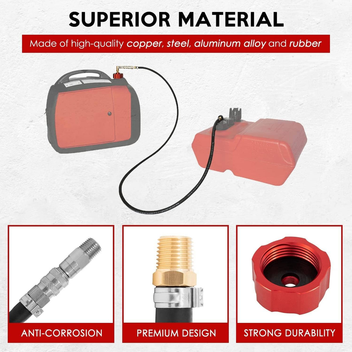 Fuel hose kit with copper, steel, aluminum alloy, and rubber; anti-corrosion connector shown