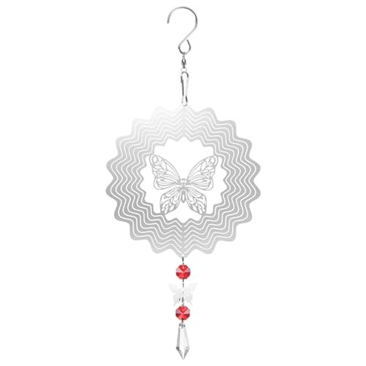 Hanging wind spinner with round silver reflective medallion, butterfly center, red bead charm
