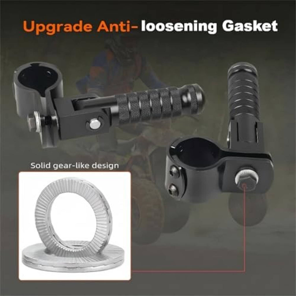 Black foldable motorcycle foot peg set with textured rubber grip and mounting bracket