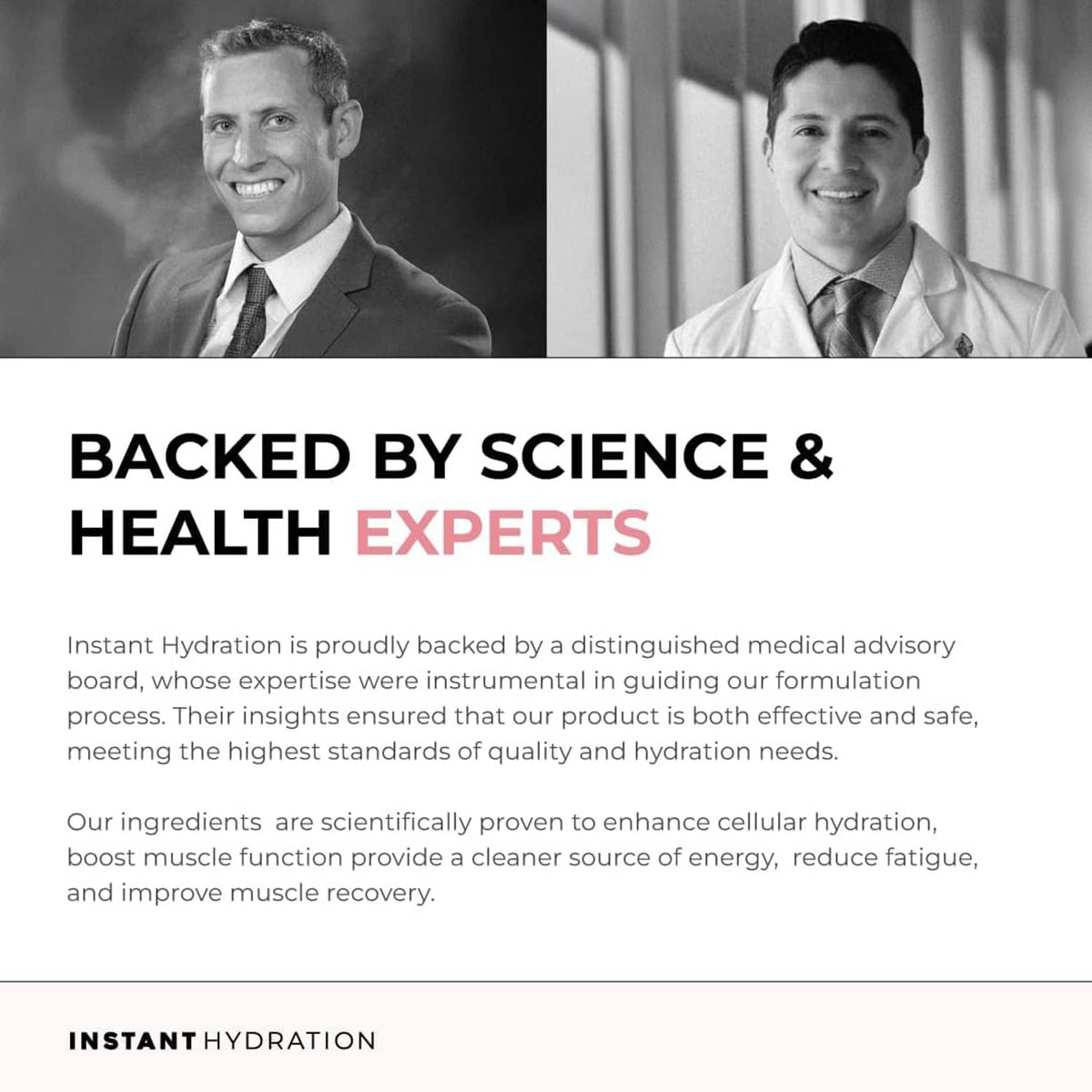Instant Hydration electrolyte drink mix information page with backed-by-experts text.