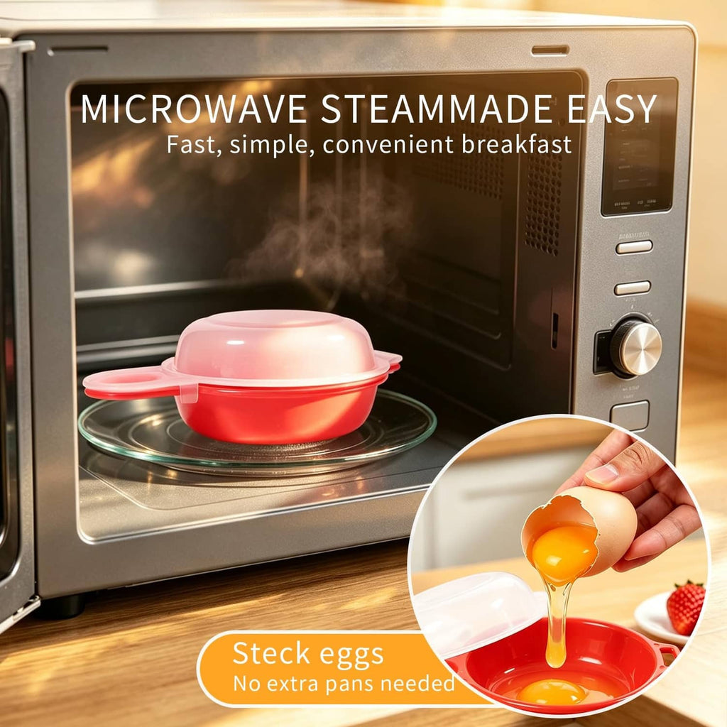 Microwave egg maker with red base and clear dome lid inside a microwave