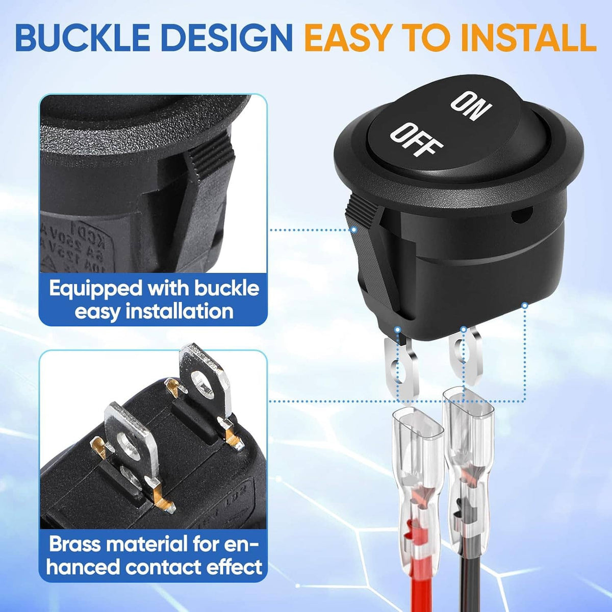 Black round rocker switch with ON/OFF top, 2-pin connector and mounting tabs
