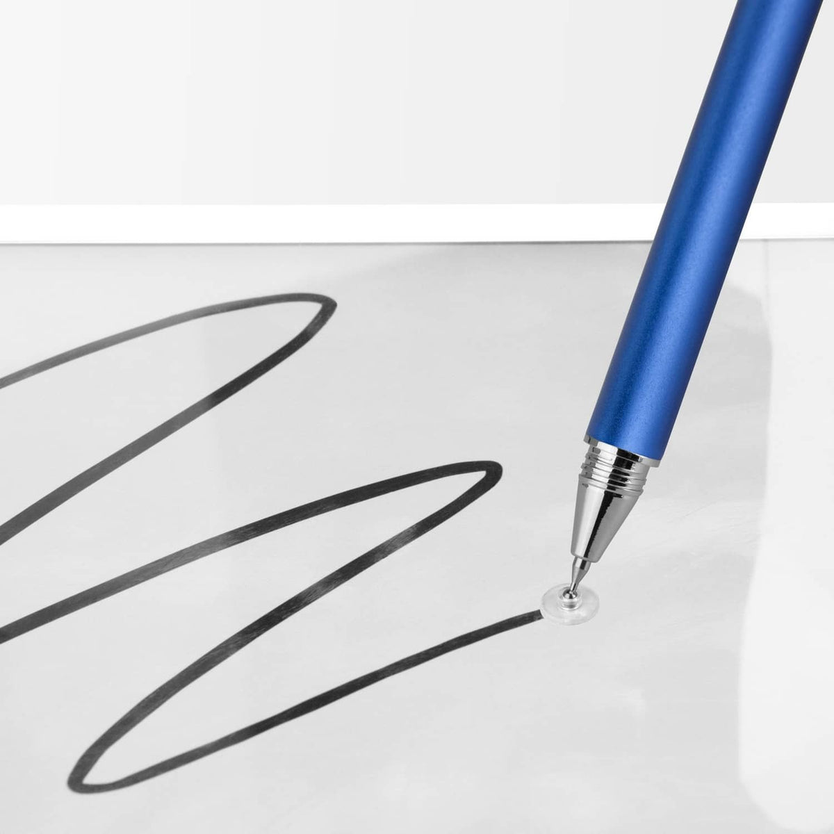 Blue stylus pen drawing on tablet screen with FinePoint tip