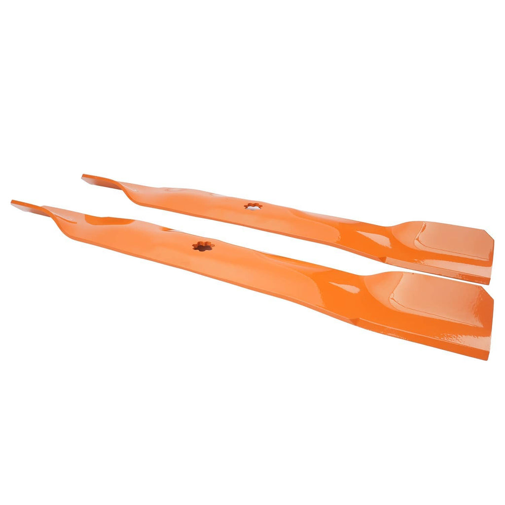 Set of 2 orange mower deck blades with mounting holes and blade edges