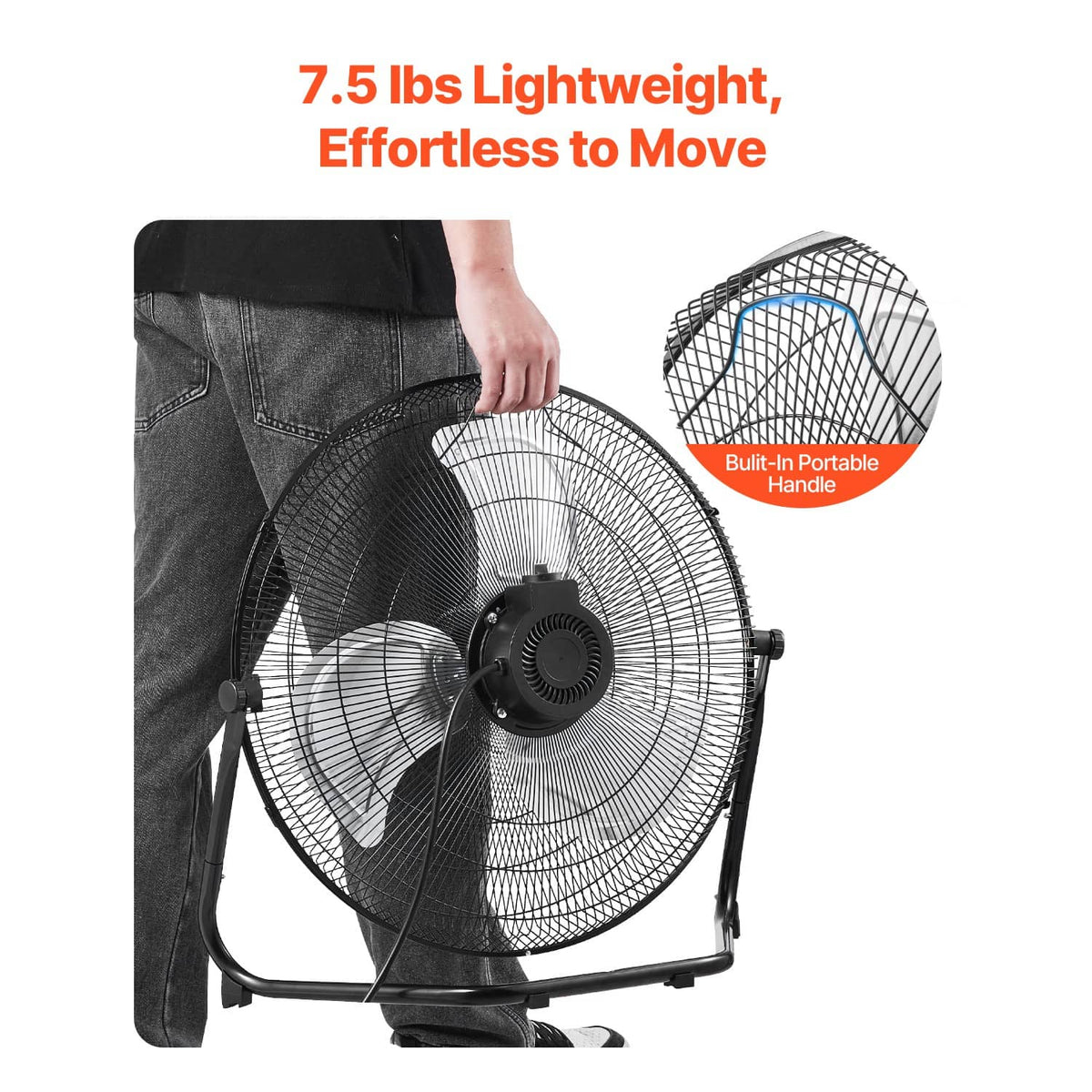 Black metal floor fan with rear carrying handle and front wire grille
