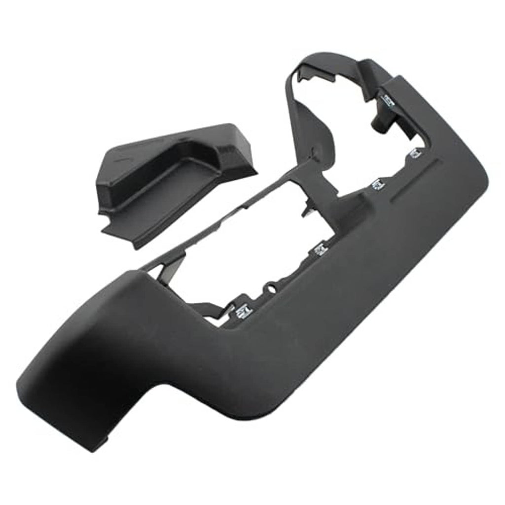 Black front driver seat side trim panel bezel cover with visible clips and metal fasteners