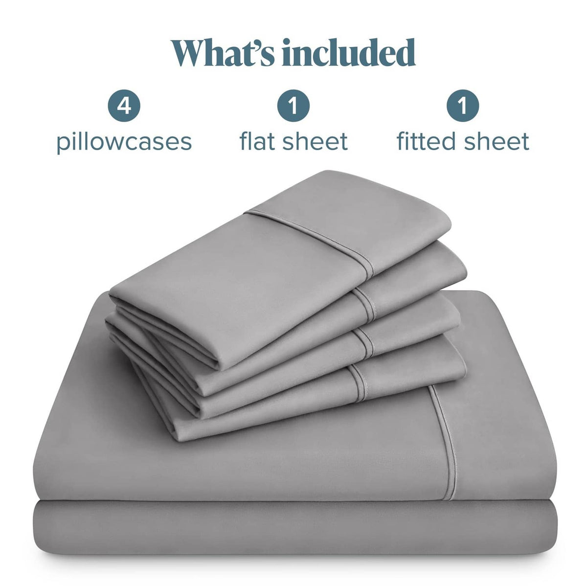 Light grey microfiber linen set, folded with four pillowcases plus flat and fitted sheets