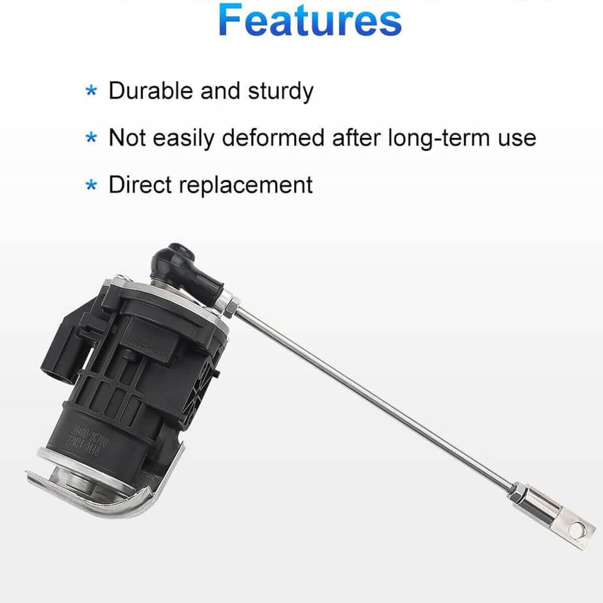Turbo wastegate actuator solenoid with black housing and long metal rod, features view