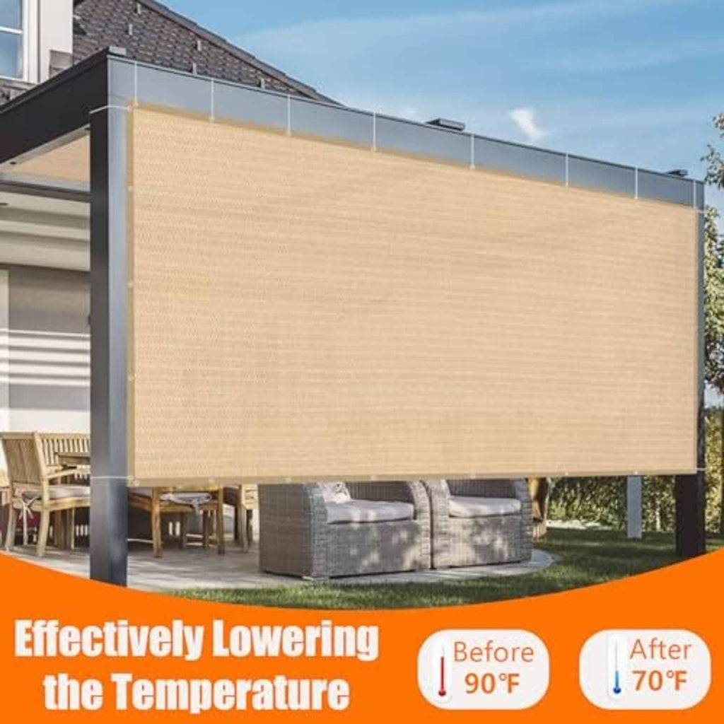 Beige pergola sun shade cloth panel covering patio seating, secured with grommets
