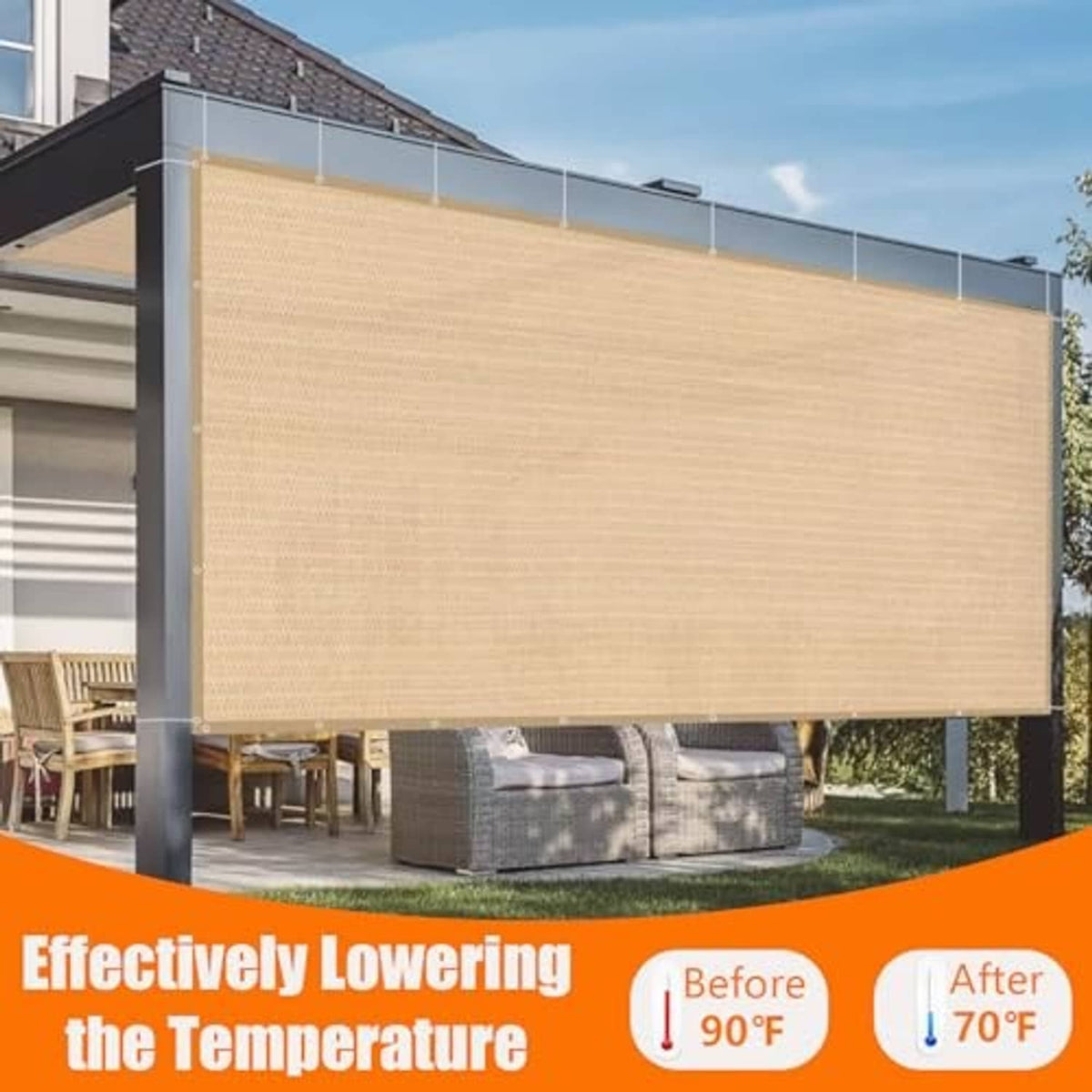 Beige pergola sun shade cloth panel covering patio seating, secured with grommets