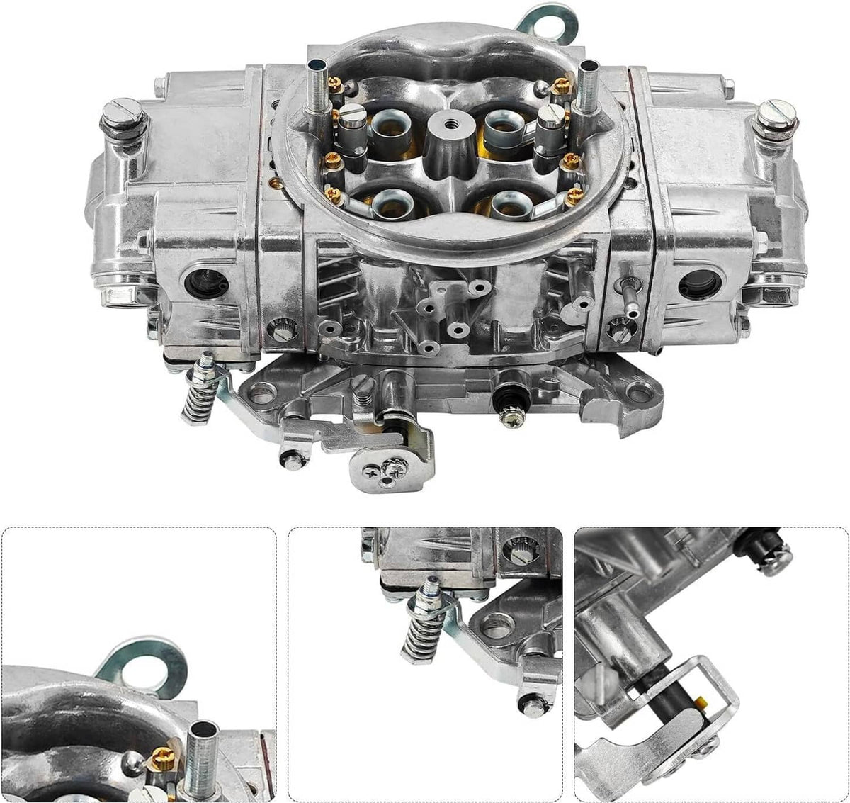 Performance carburetor double pumper with metallic housing and visible inlet bores