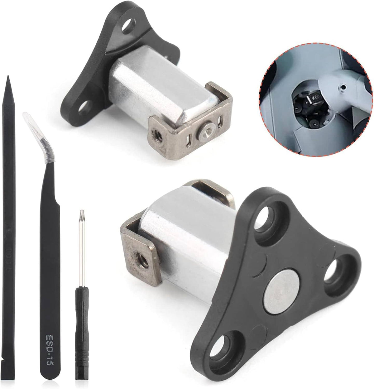 Front arm axis hinge set with black bracket and silver shaft, includes small tools