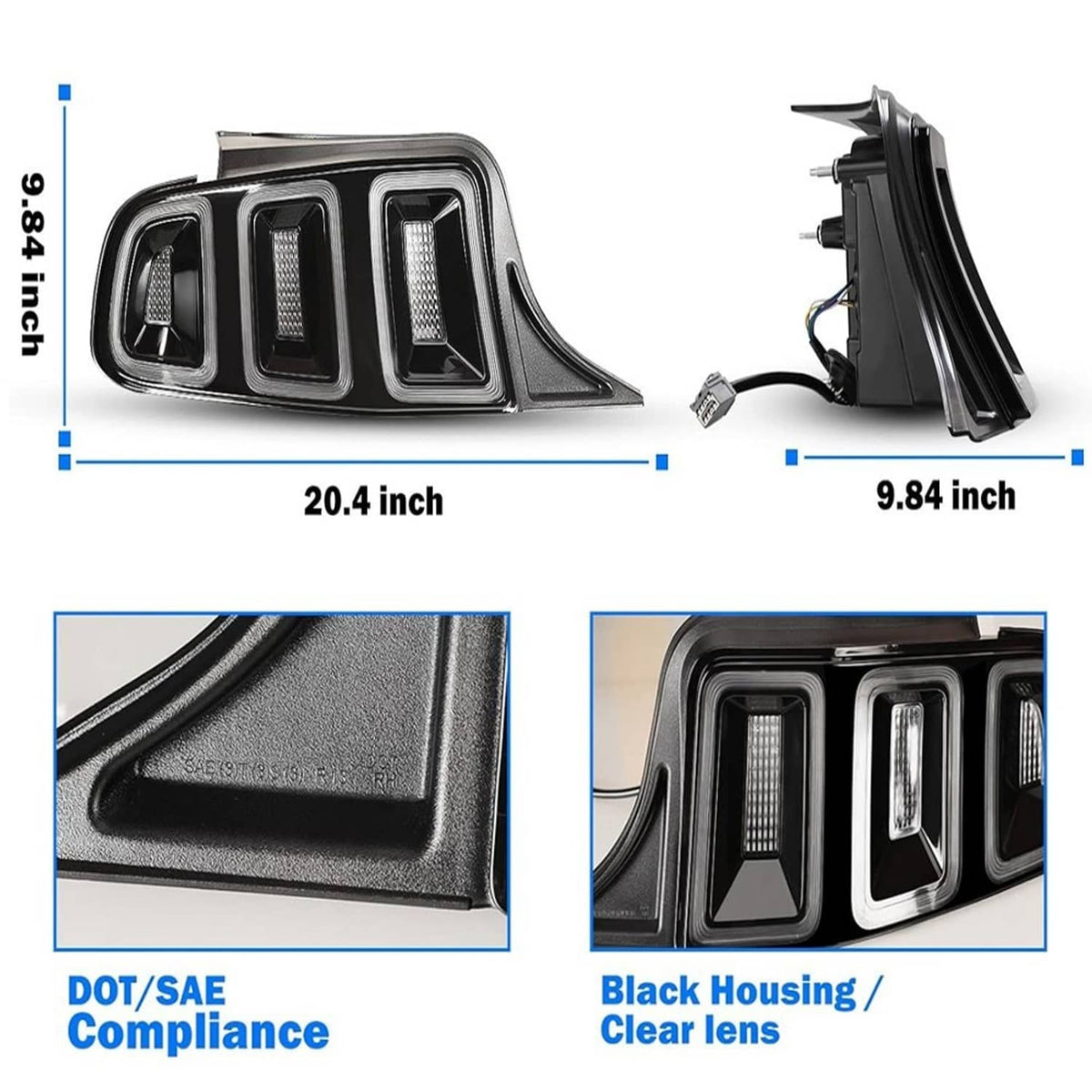 Black housing LED tail lights with clear lenses, shown with size dimensions