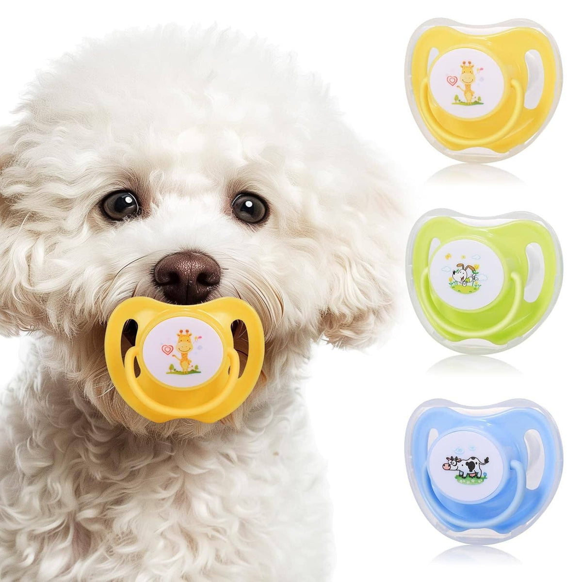Small pet pacifier set with three colored shields (yellow, green, blue) and puppy wearing yellow.