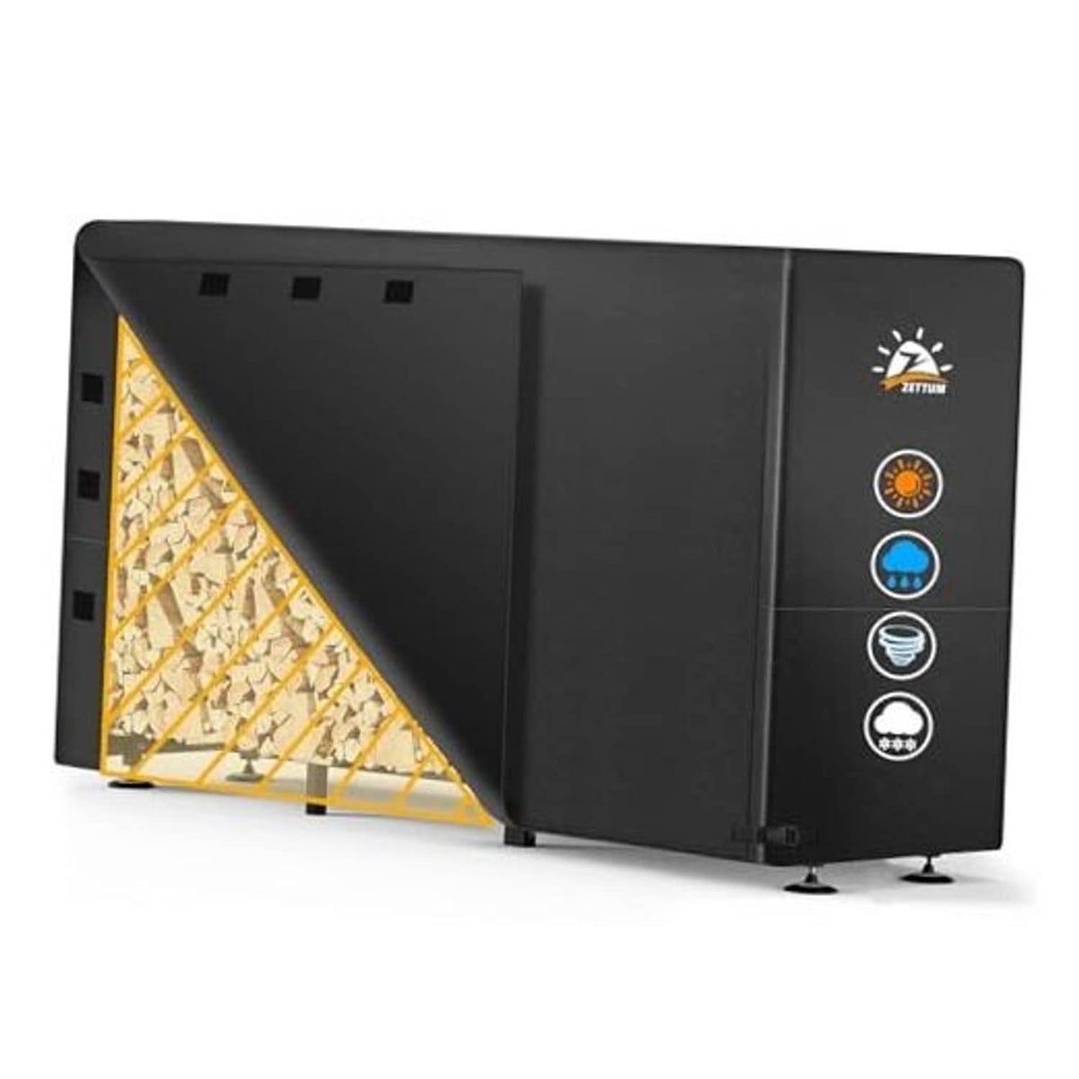 Black 600D firewood rack cover with reinforced panels and corner grommets