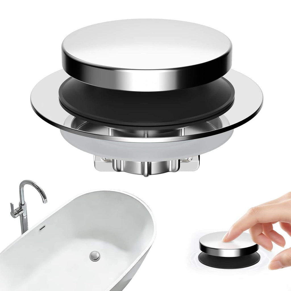 Silver pop-up bathtub drain stopper with black top and chrome filter housing