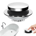 Silver pop-up bathtub drain stopper with black top and chrome filter housing