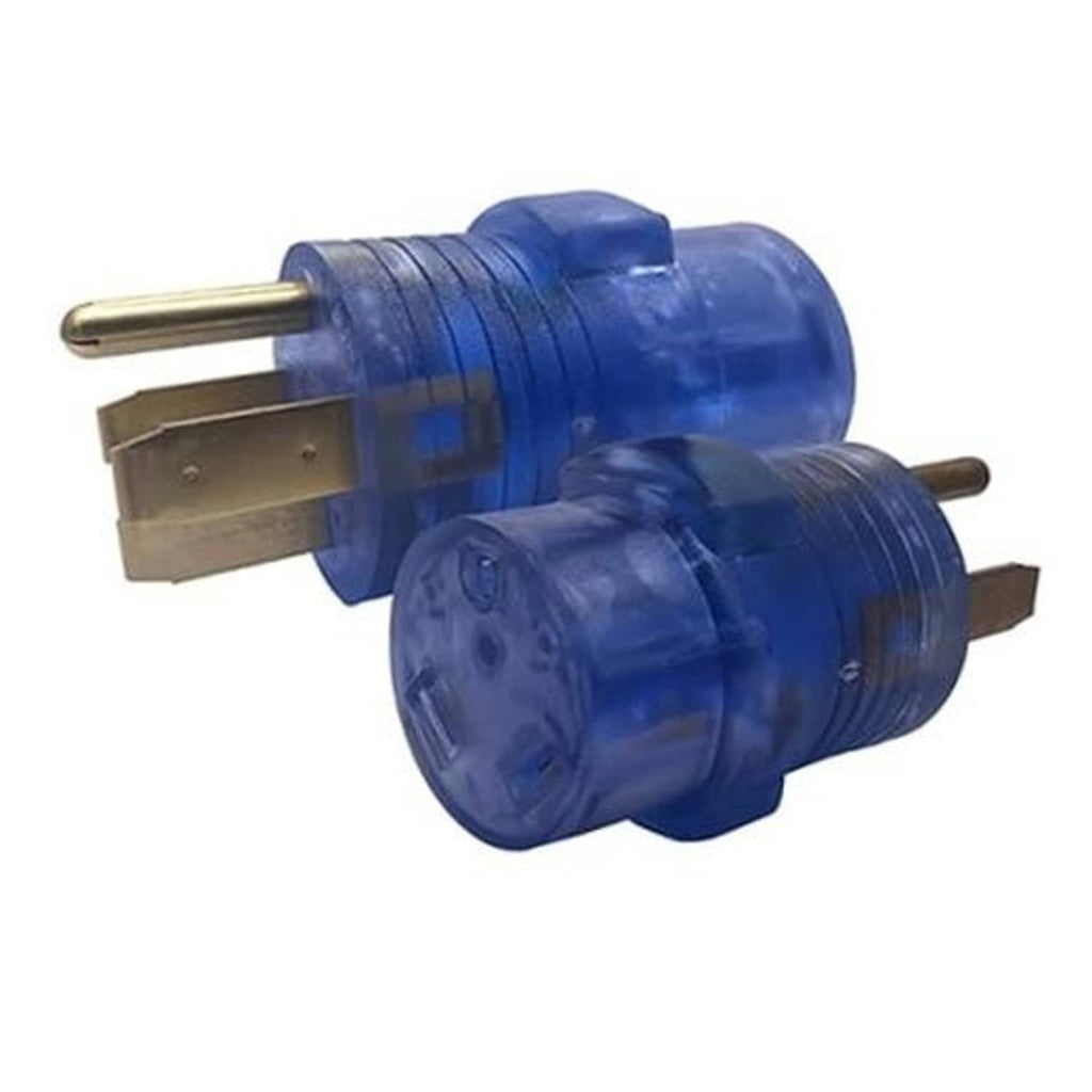 Blue RV power conversion plug with gold pins and side terminal blades, 4-prong to 3-prong