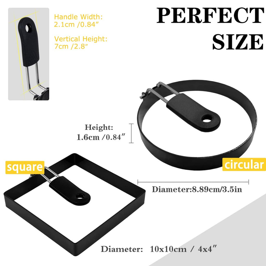 Black round and square egg rings with handle tabs, showing size measurements