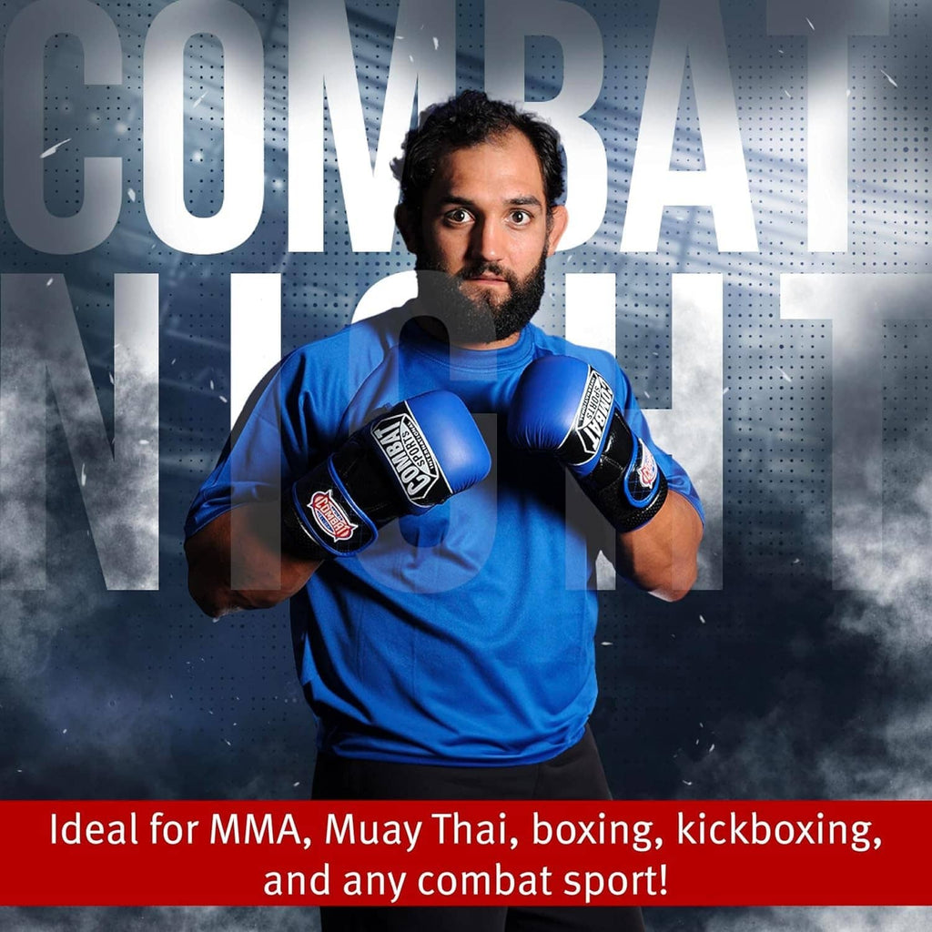 Blue fingerless boxing gloves with COMBA SPORTS logo, worn for combat training