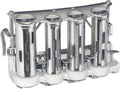 Four-barrel money changer with four chrome coin tubes and hinged base