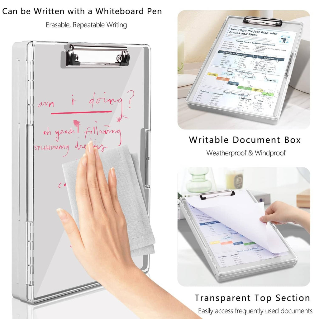Clipboard with storage, transparent writing surface and document holder