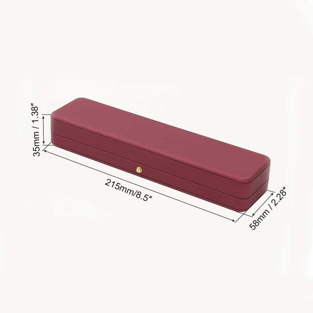 Red long necklace box with hinged lid and gold clasp detail