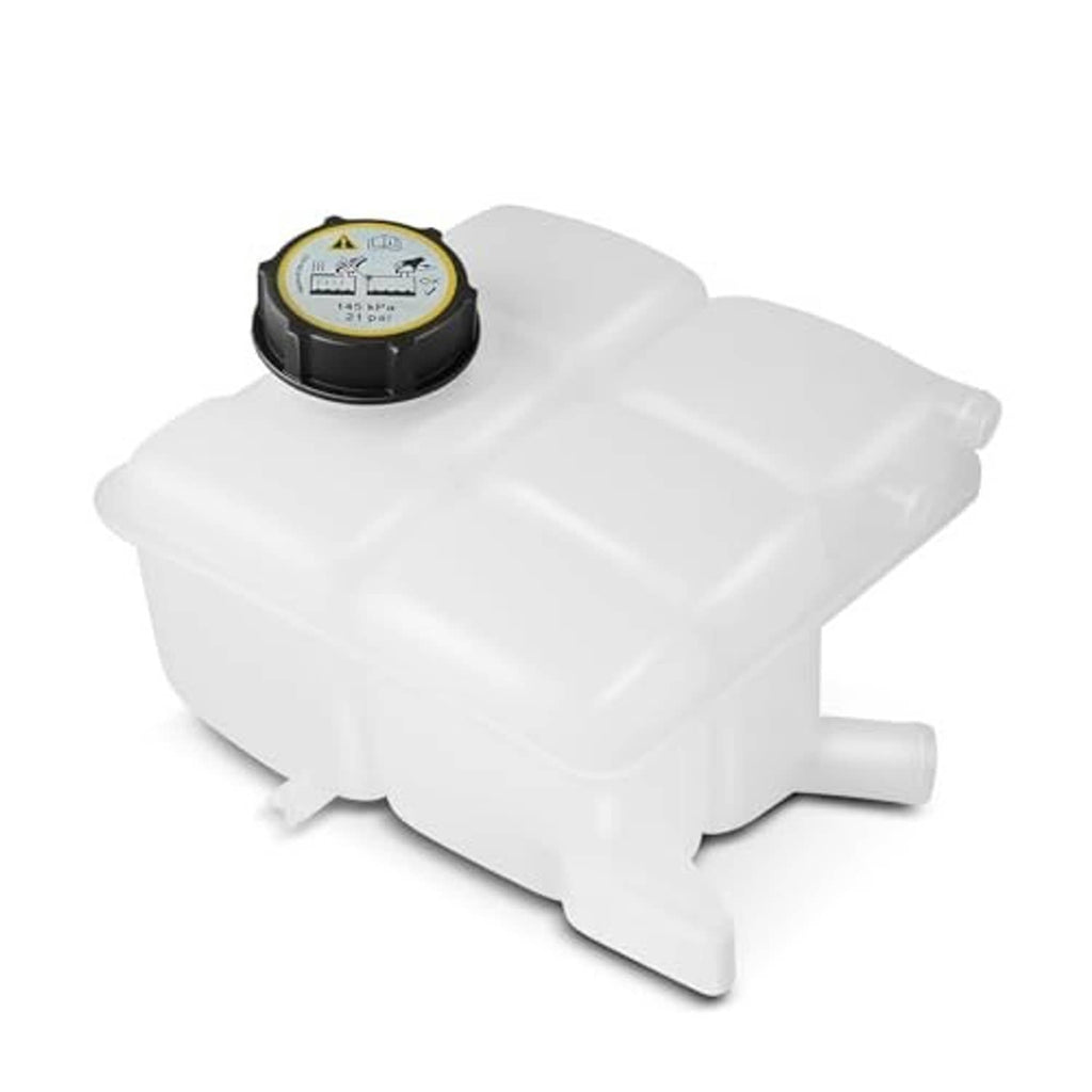 White coolant reservoir tank with black cap and molded side hose connection