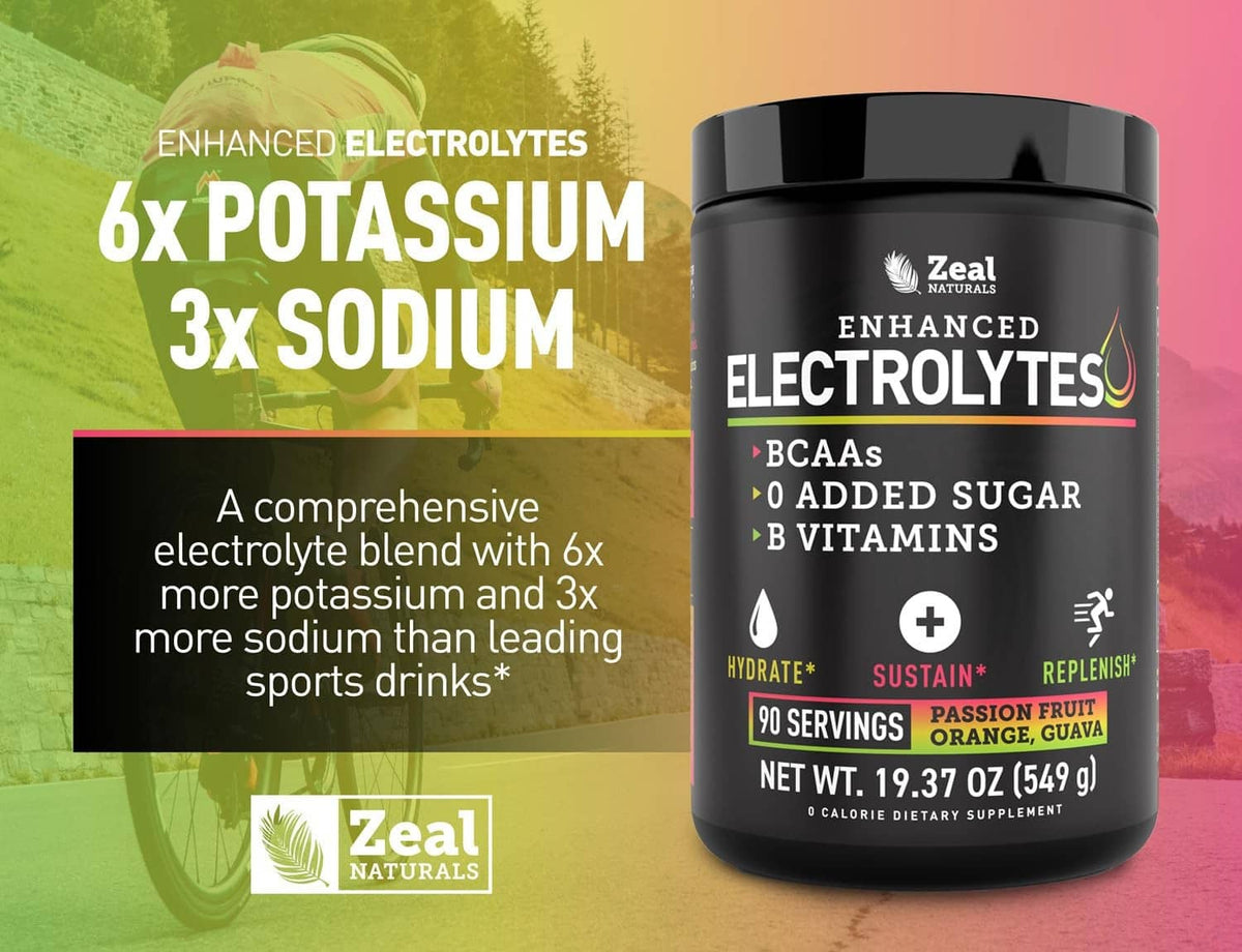Black electrolytes powder tub with potassium and sodium dosage highlights on label