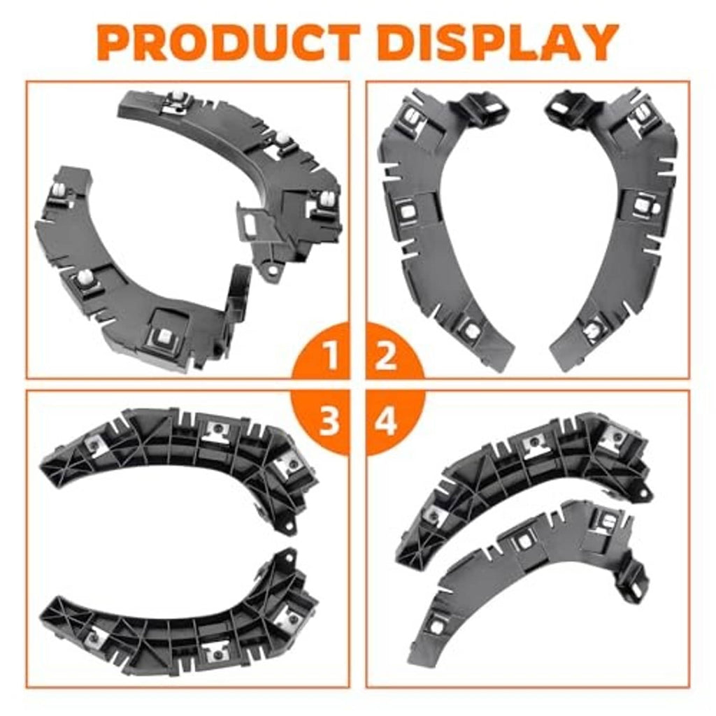 Rear bumper fascia support bracket set, black plastic clips shown from multiple angles