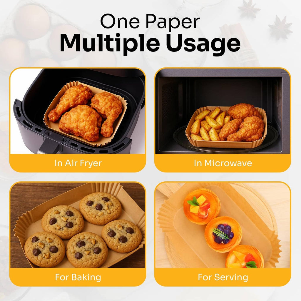 Tan disposable paper liner with scalloped edges for air frying, baking, and serving