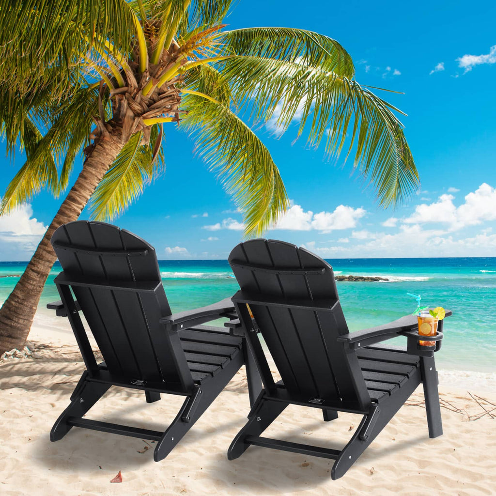 Set of 2 black folding Adirondack patio chairs, reclined position, front view