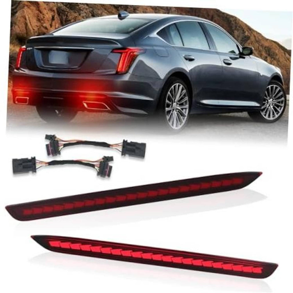 Rear bumper LED reflector lights with red light bar, shown on car.