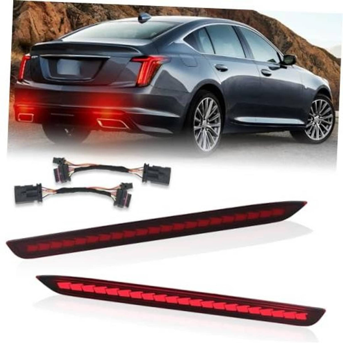Rear bumper LED reflector lights with red light bar, shown on car.