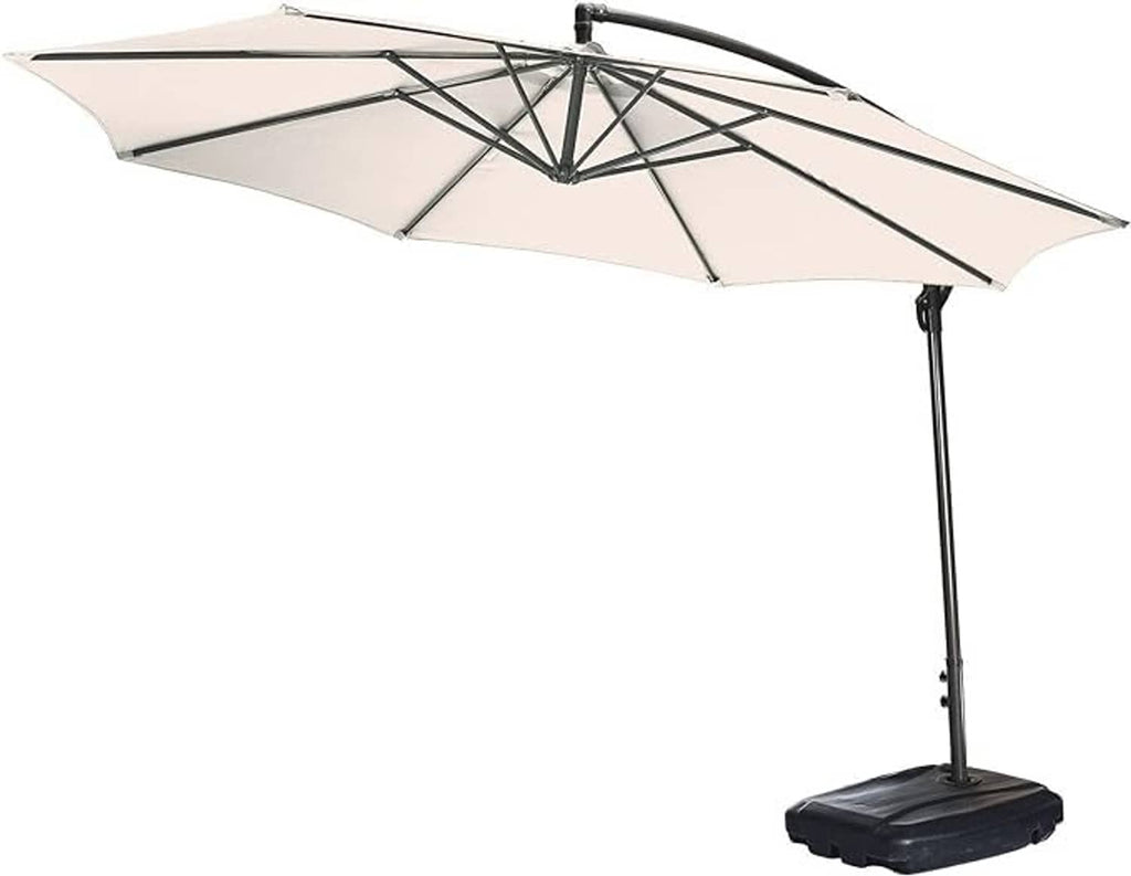 Offset patio umbrella with cream replacement canopy and black metal support pole