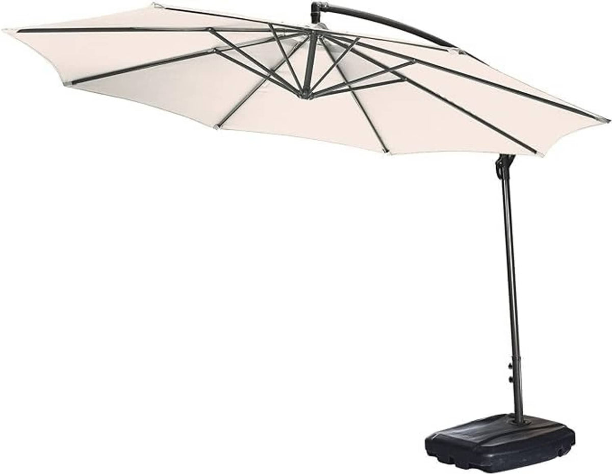 Offset patio umbrella with cream replacement canopy and black metal support pole