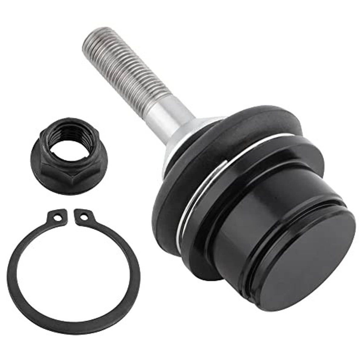 Ball joint assembly with black boot, silver threaded stud, and rubber gaskets