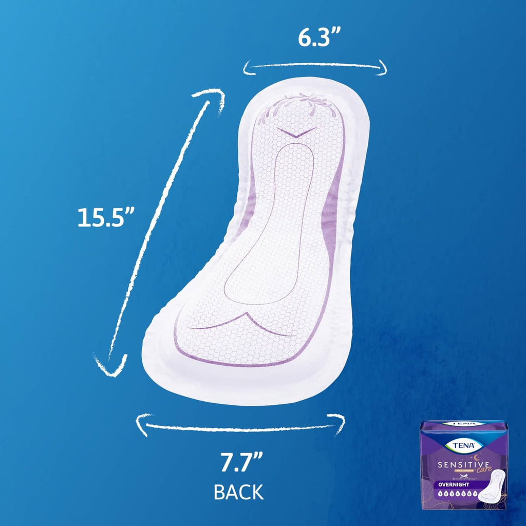 TENA Sensitive Care overnight pad diagram with front and back measurements
