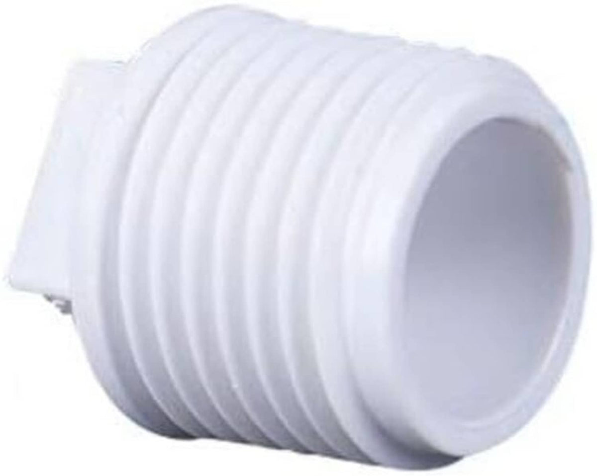 White PVC male threaded plug cap with close-up ridged outer threads
