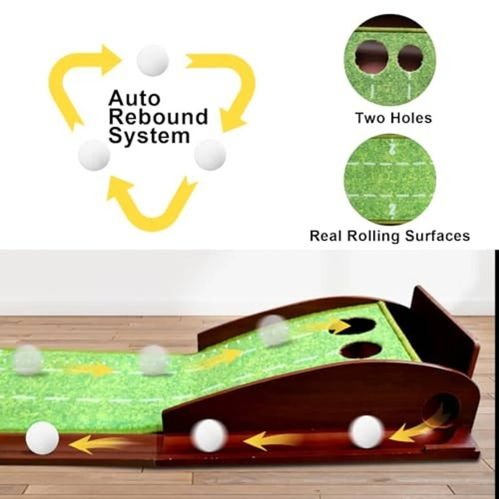 Green golf putting mat with two holes and real rolling surface for practice