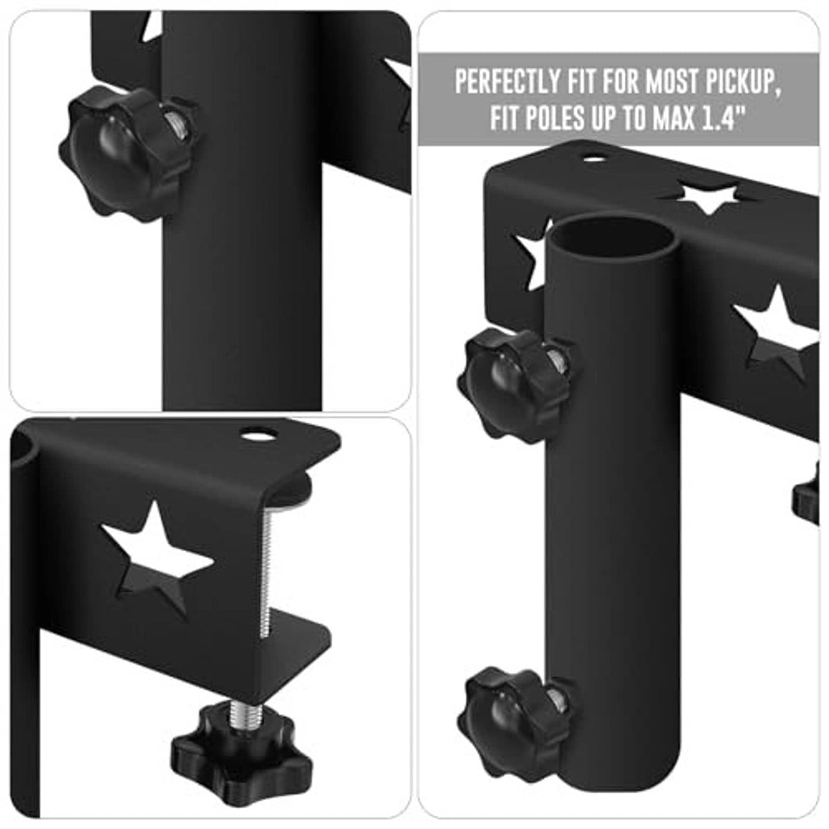 Black flag pole mount bracket close-up with star plate and clamp mounting knobs