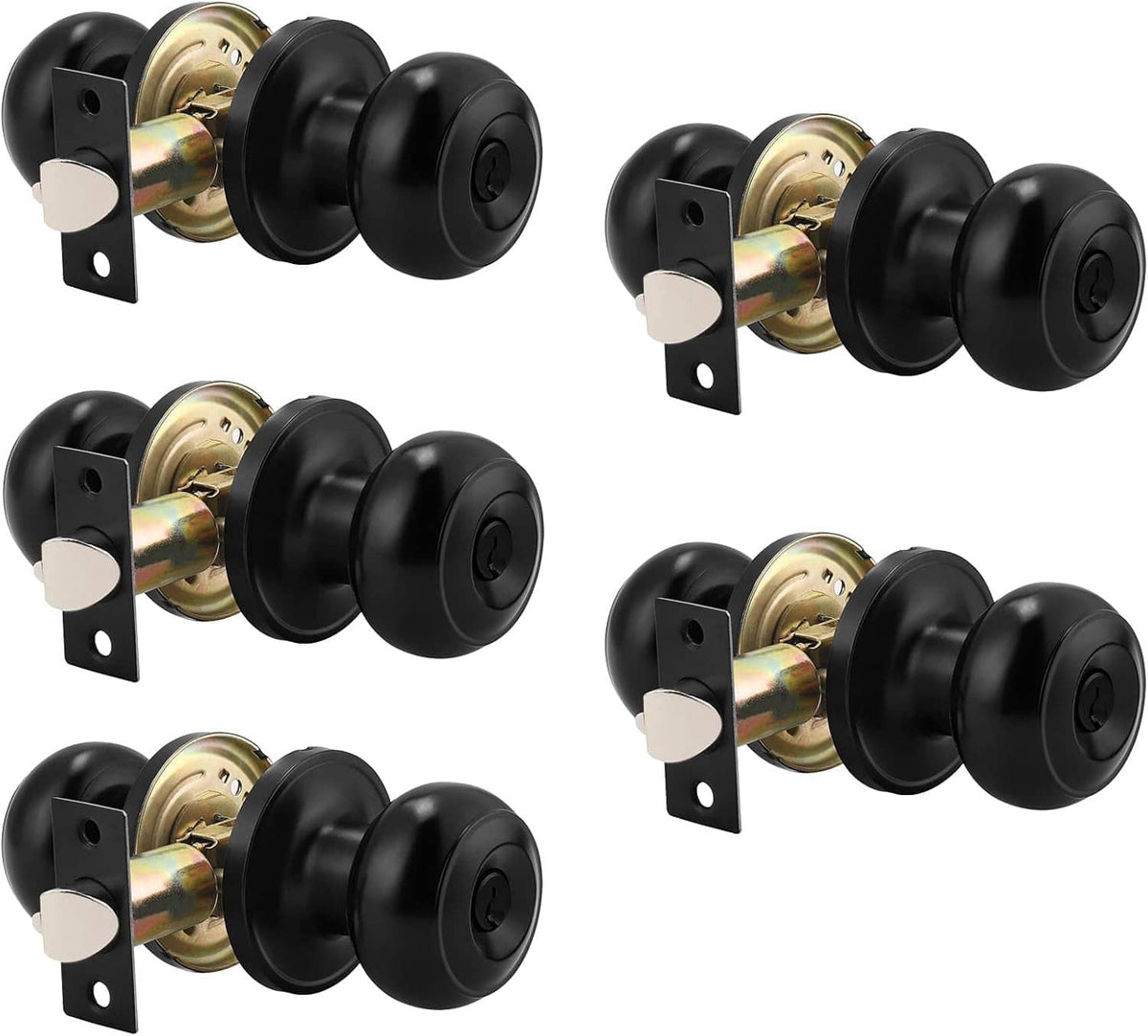 Set of 5 black round entry door knobs with keyed-alike lock cylinder and mounting plates