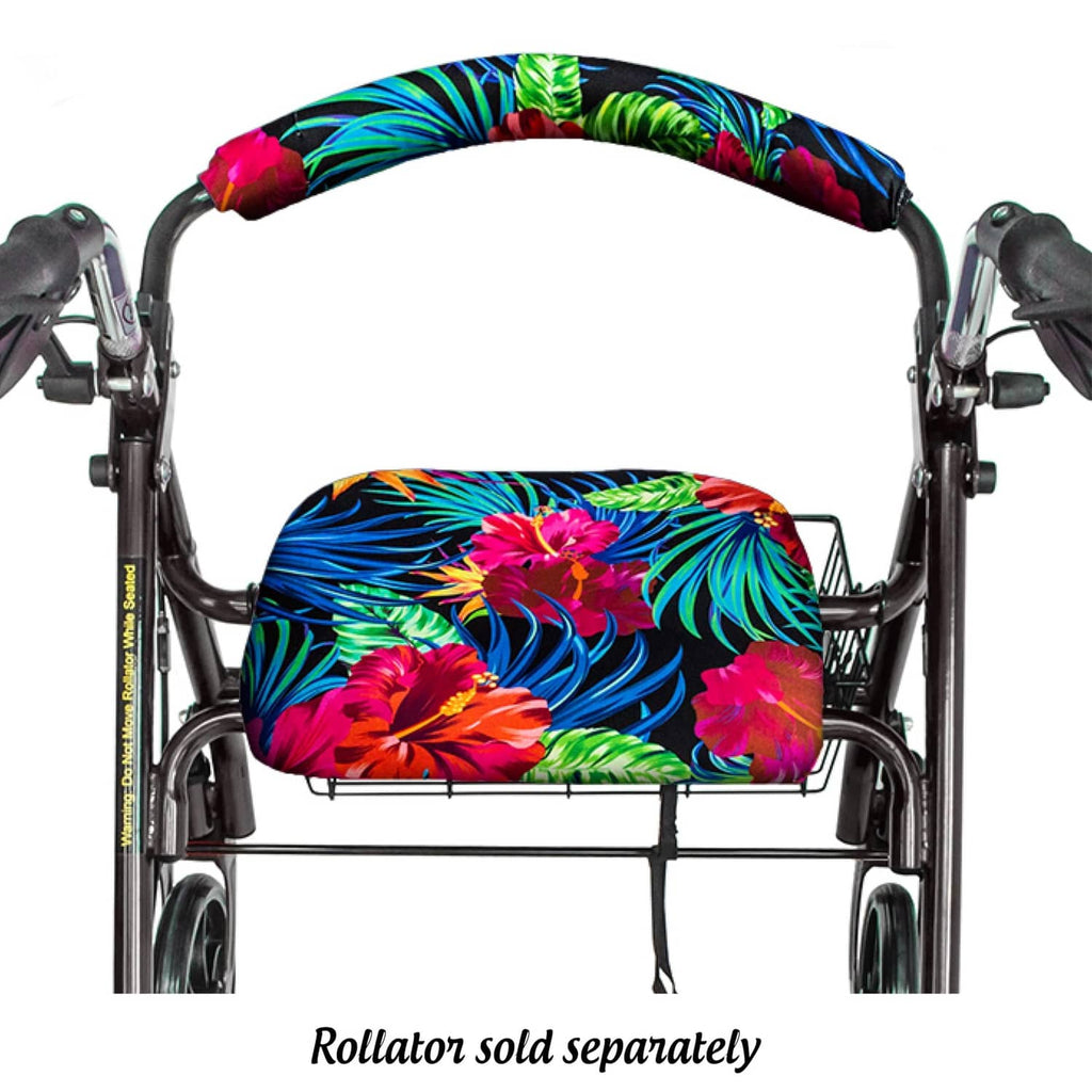 Tropical floral rollator seat and backrest covers with curved padded top.