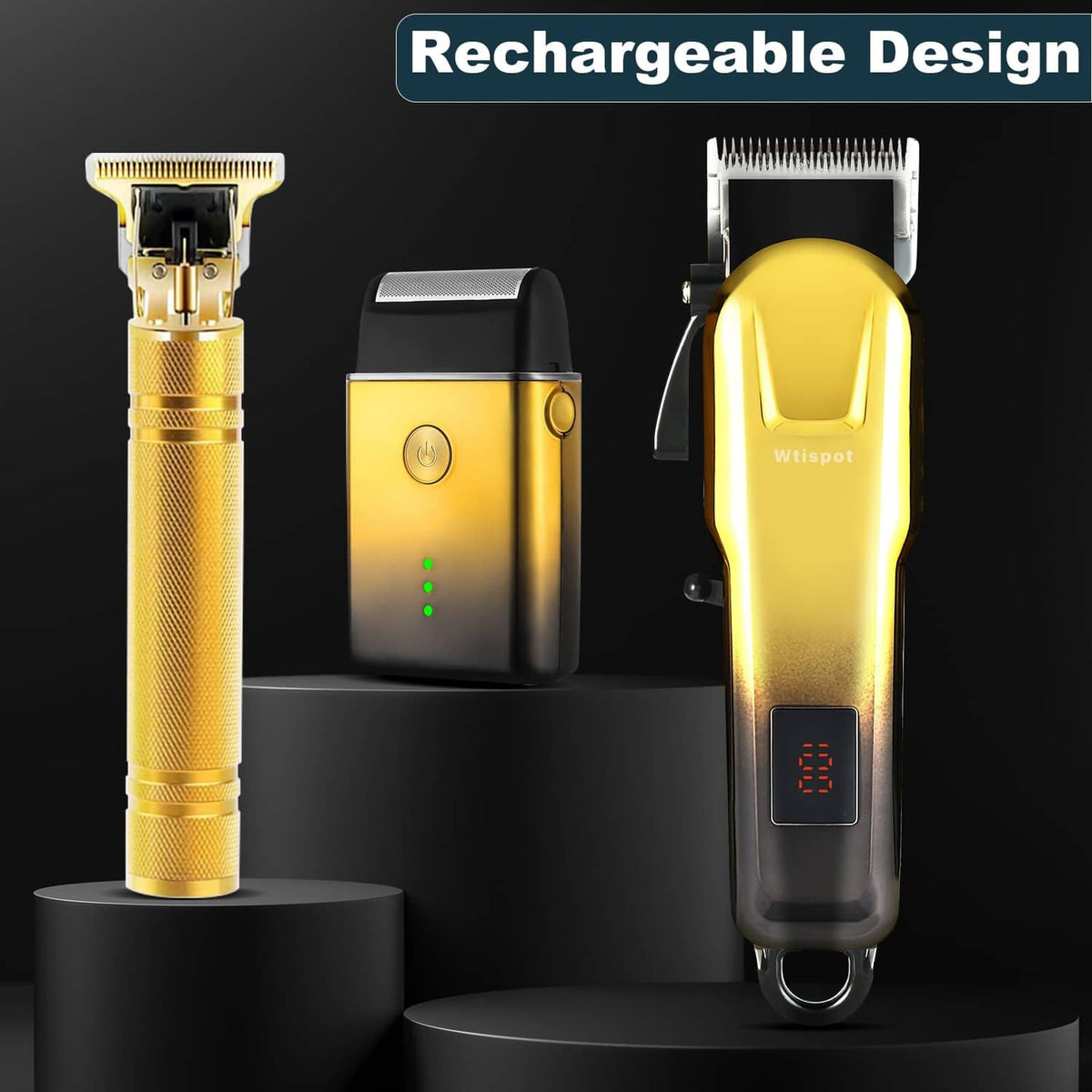Rechargeable hair clipper set with gold handle, charging base, and LED status lights