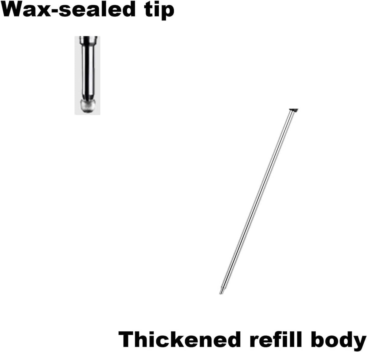 Ballpoint pen refill tip detail with wax-sealed point and thickened refill body