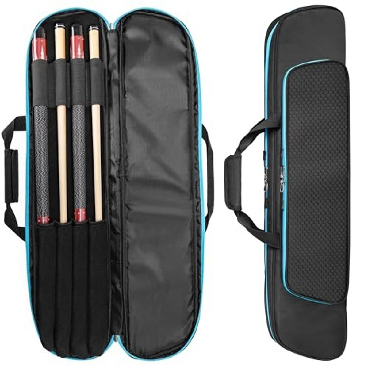 Soft pool cue case open and side view, holds 2 butts and 2 shafts; black with blue trim.