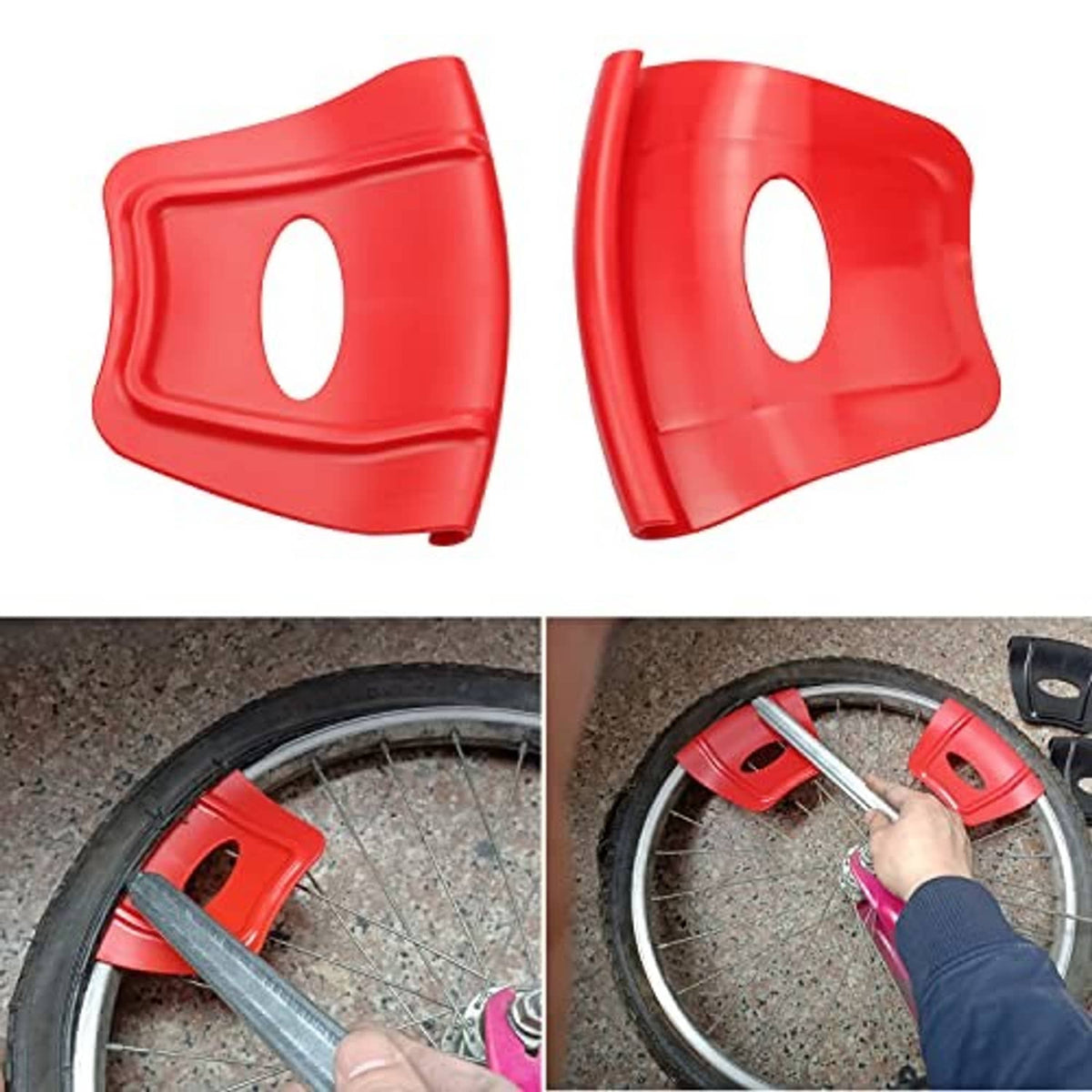 Red rim shield pair with oval openings, shown before and during wheel installation.