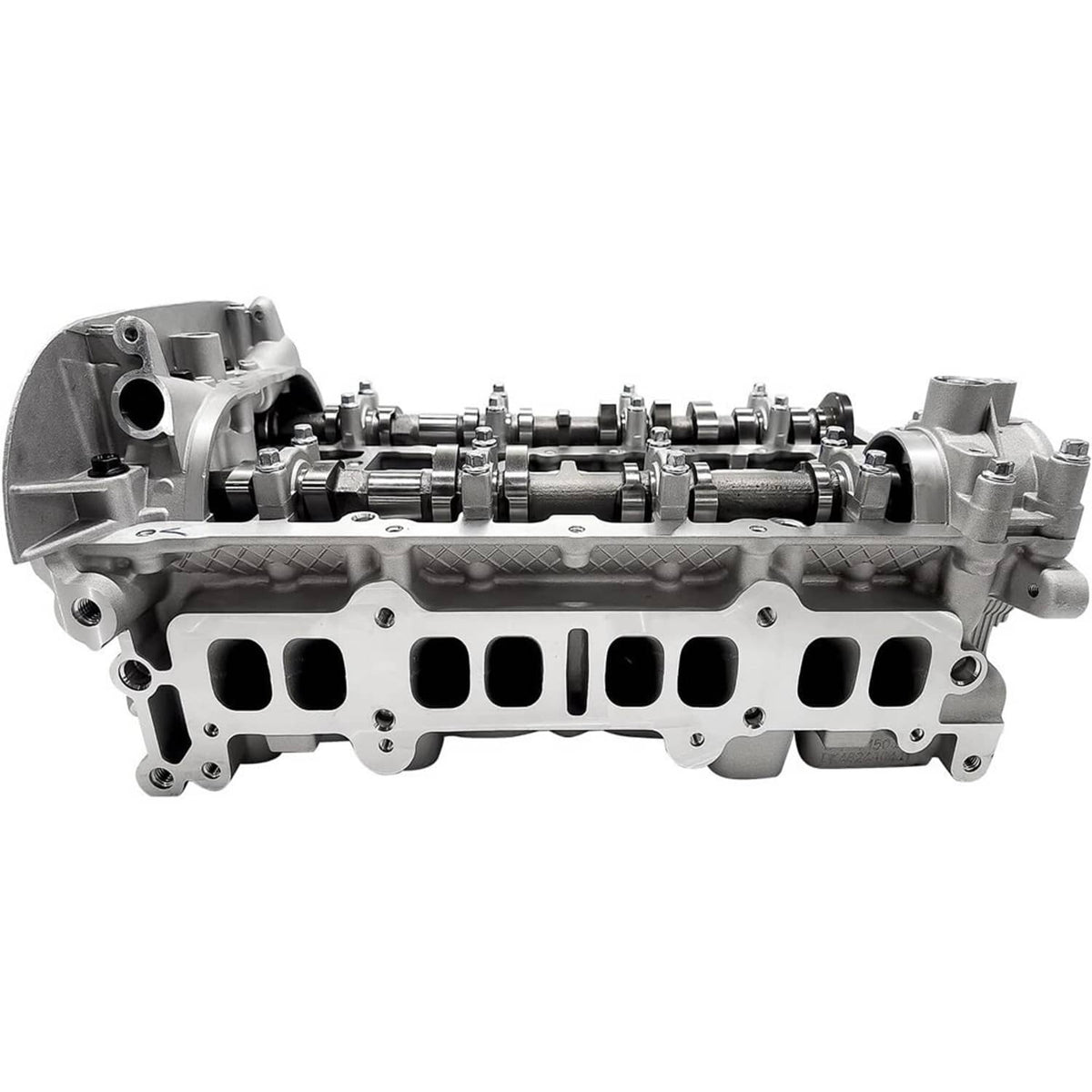 Engine cylinder head assembly side view with valve ports and camshaft components, silver